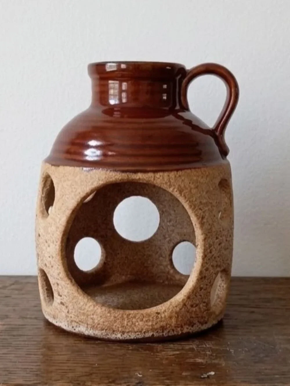 Vintage Royal Haeger USA Pottery Jug Vase Brown Glazed Crockery Cutout Pattern